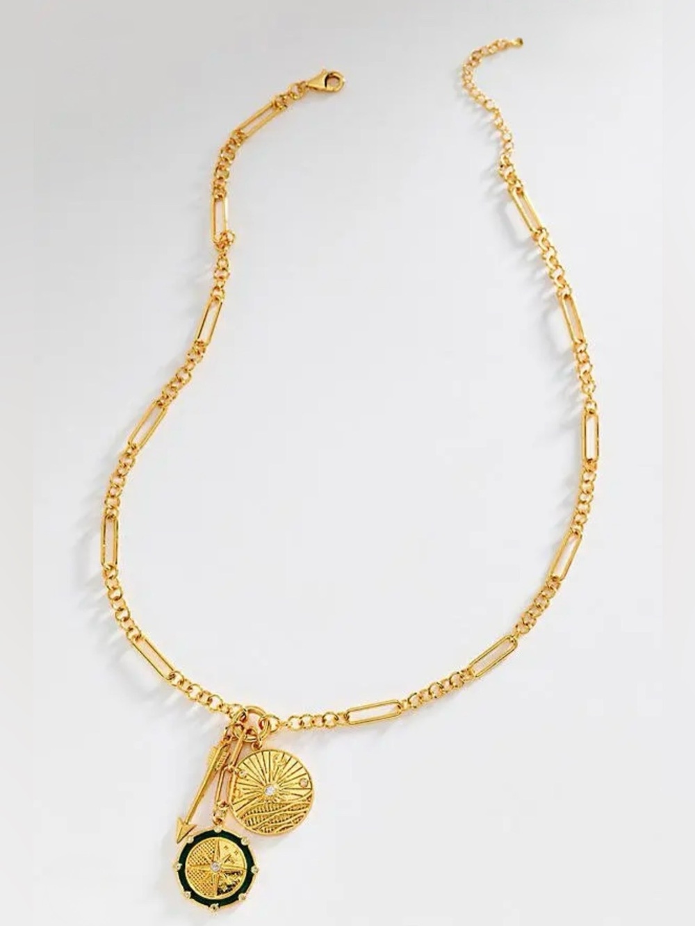 Anthropologie Gold Layered Charm Necklace with Green Enamel Accent